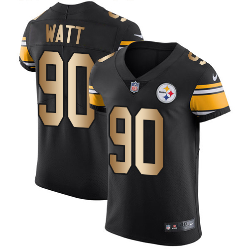 Nike Steelers #90 T. J. Watt Black Team Color Men's Stitched NFL Elite Gold Jersey - Click Image to Close